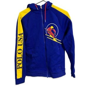 Polo Ralph Lauren USA Downhill Skier Double Knit Hoodie Size XS Blue & Yellow